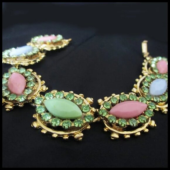 Retro Pastels Bracelet With Rhinestones, One of a Kind, Made Recycled Vintage - Picture 2 of 9